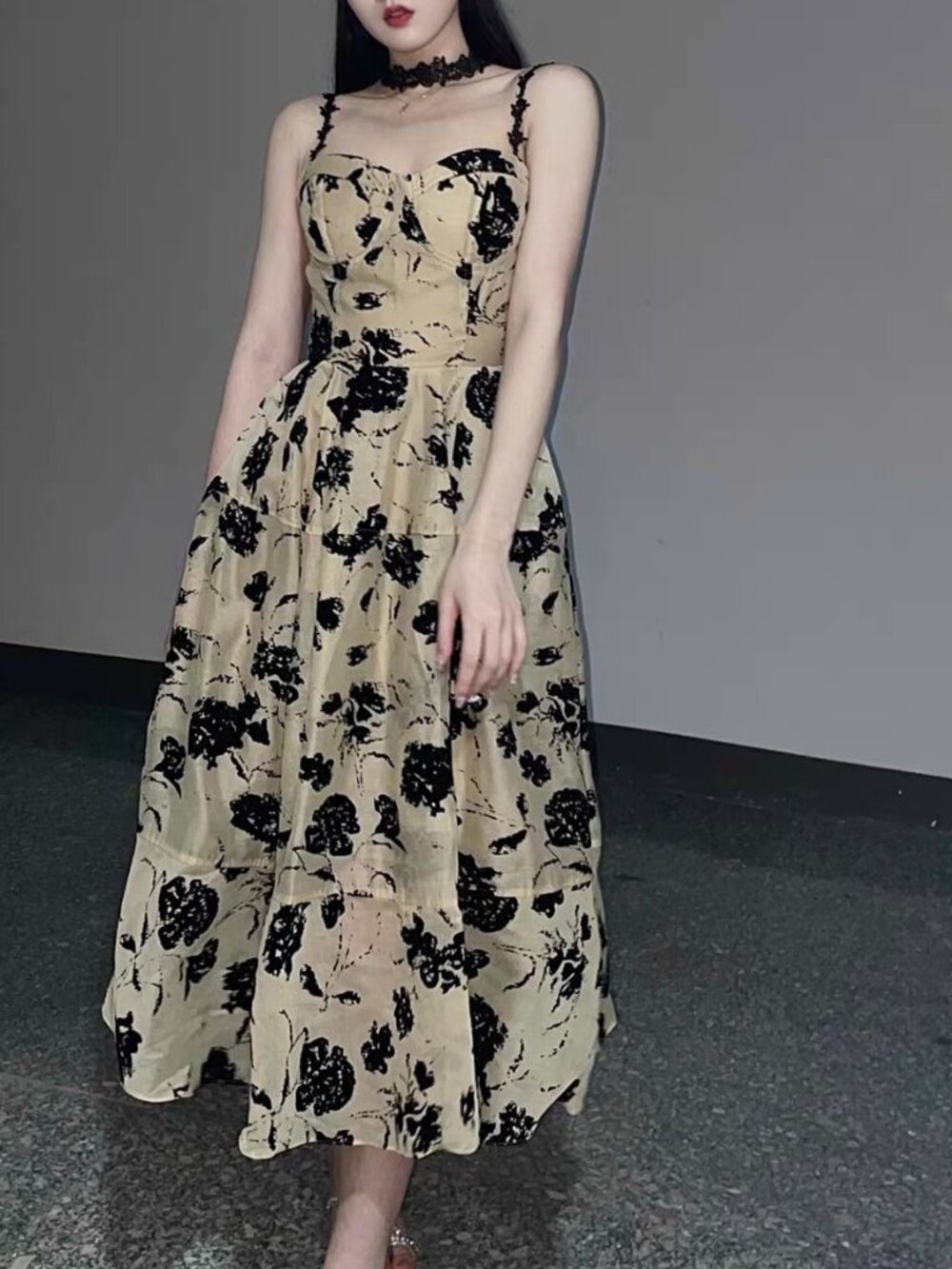 Beige Black Floral Lace Strap Corset Midi Dress XS